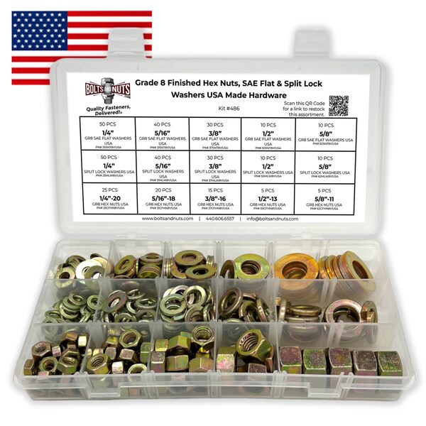 Boltsandnuts.Com Inch Grade 8 Finished Hex Nuts, SAE Flat & Split Lock Washers Hardware Assortment - 351 Pcs Assortment Kit #486 - main